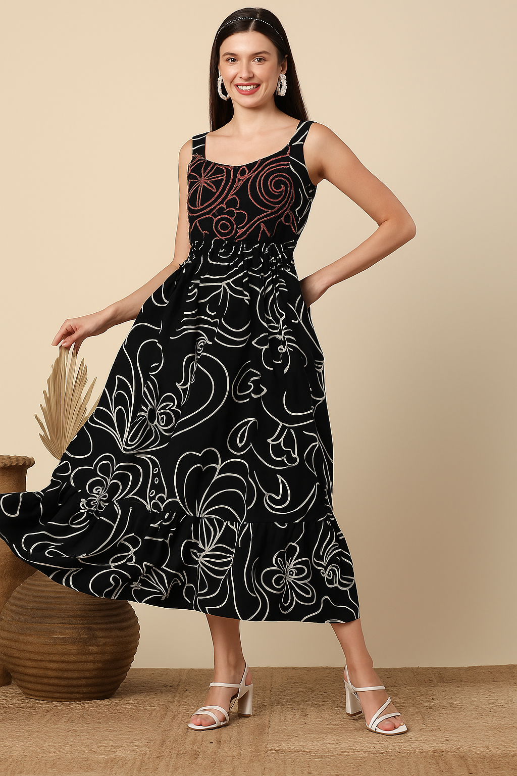 Women Abstract Printed Pleated Shoulder
Straps A-Line Maxi Dress
