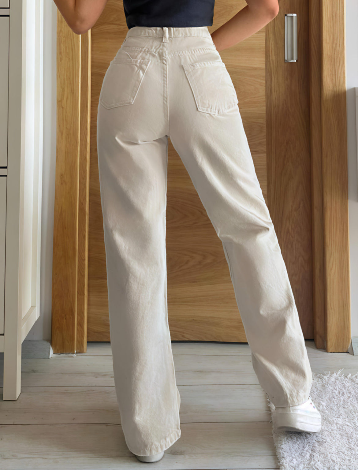 Women Loose Fit High Rise Beige Jeans